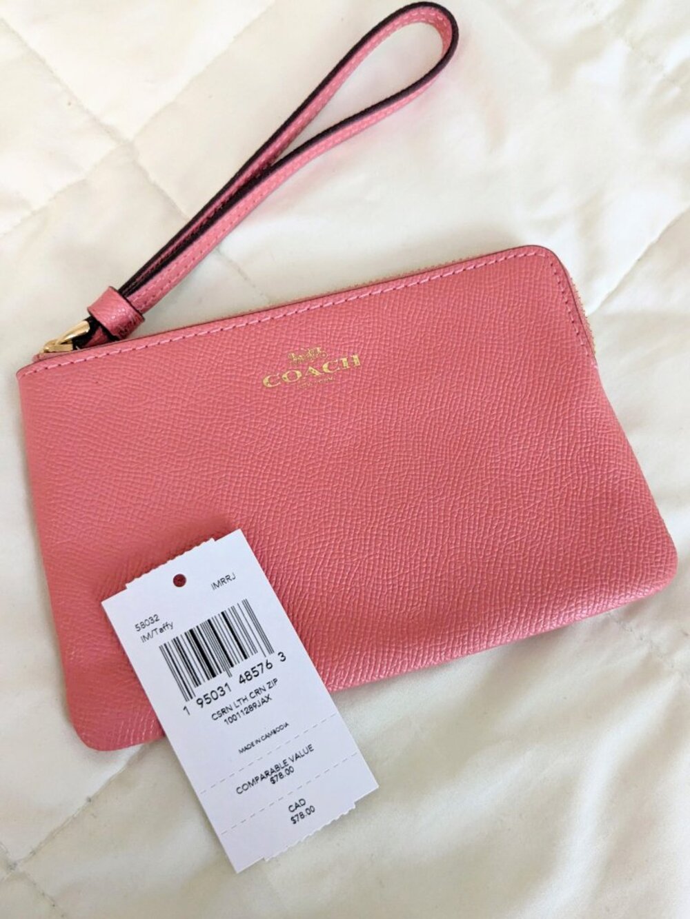Coach Corner Zip Wallet Wristlet Crossgrain Leather Taffy Pink Style 58032 NWT